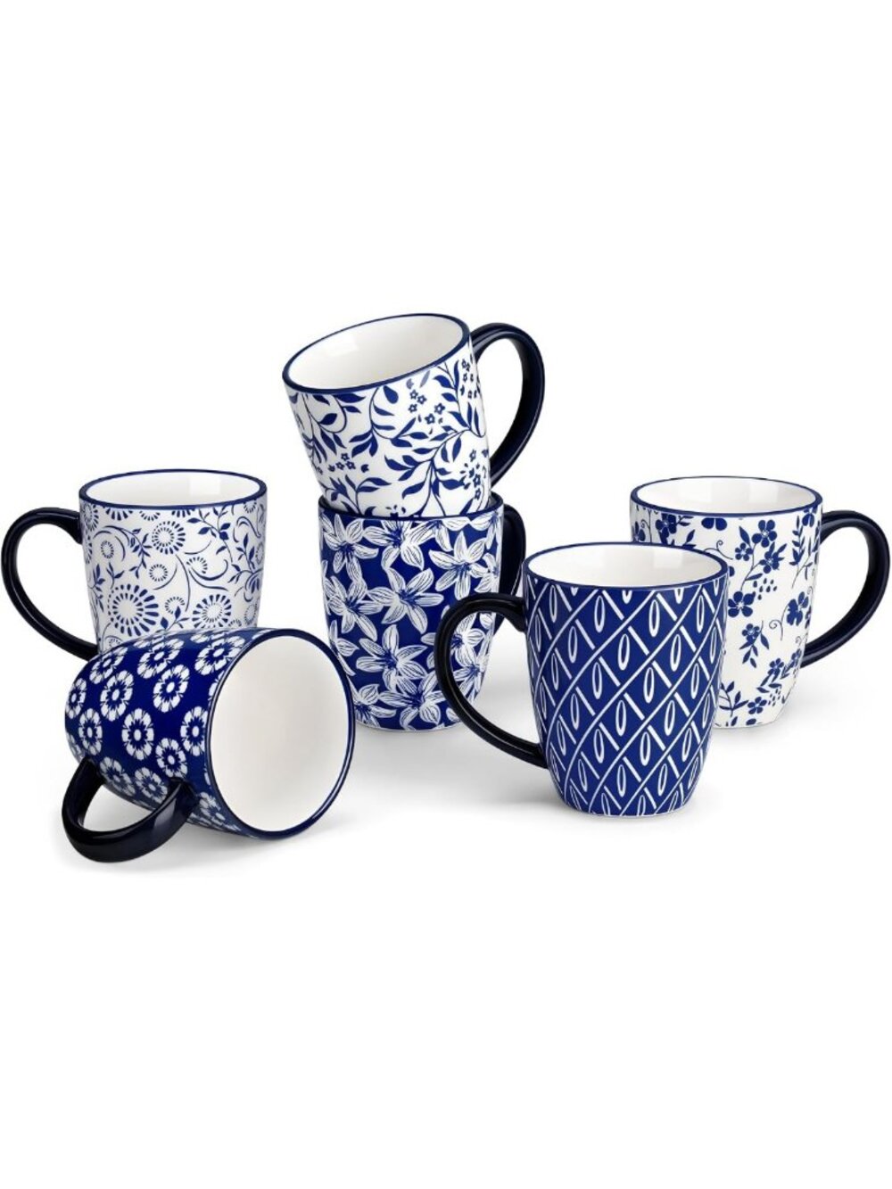Set of 6 Vintage Blue Porcelain Coffee Mugs, 12 Oz Ceramic Cups for Tea & Latte